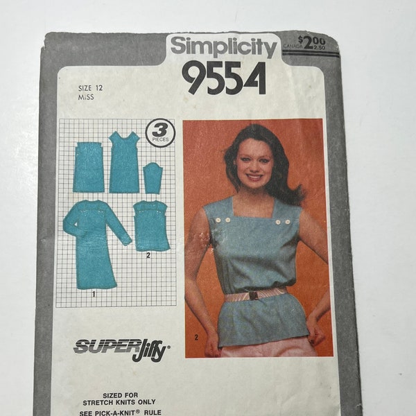 Early 80s Super Jiffy Pullover Dress or Top Pattern, Square Neck Shirt with Button Detail, Simplicity 9554, Size 12, 34" Bust, Cut