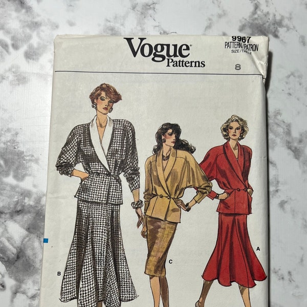 80s Misses Top and Skirt Pattern, Oversized Blazer with Shawl Collar and Patch Pocket, Flared Midi Length Skirt, Vogue 9967, Size 8, Uncut