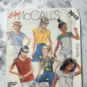 80s Easy Girls Top Pattern, Learn to Sew for Fun, Fashion Basics for Kids Square Neck Shirts, McCall&#39;s 3010, Size Large 5-6, Cut