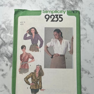 70s Misses Blouse Pattern, Long or Short Sleeve Button Down Shirt Pattern, Simplicity 9235, Size 14, 36&quot; Bust, 28&quot; Waist, 38&quot; Hip, Uncut
