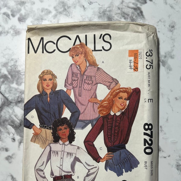 80s Misses Shirt Pattern, Long Sleeve Collared Button Down Blouse Pattern w/ Patch Pockets, The Gap, McCall's 8720, Size 12 or 14, Uncut