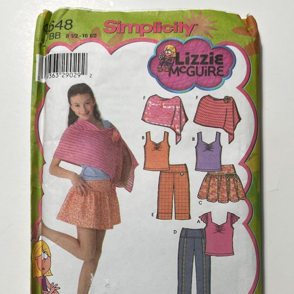 Early 2000s Lizzie McGuire Girls Mini Skirt Pattern with Attached Knit Panty, Pants, or Shorts, Poncho, and Knit Top, Simplicity 4648, Uncut
