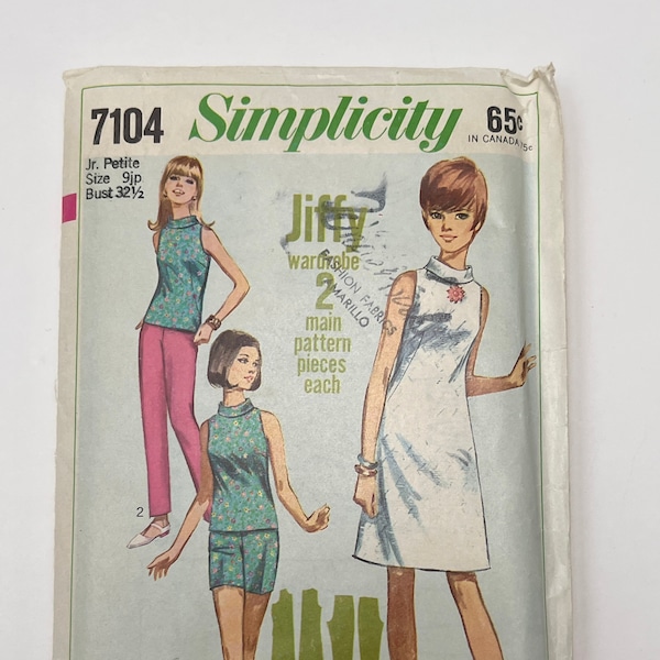 60s Simple to Sew Junior Petites One Piece Jiffy Dress or Overblouse and Pants Pattern in 2 Lengths, Simplicity 7104, Size 9jp, Cut
