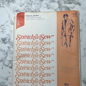 May include: A vintage sewing pattern for a classic jacket, designed exclusively for knit fabrics by Ann Person. The pattern is labeled "Stretch & Sew" and features a drawing of a man wearing the jacket. The pattern number is 1770.
