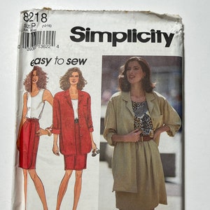 May include: Simplicity sewing pattern number 8218 for sizes 12-16. The pattern includes instructions for making a skirt and jacket. The image shows three women wearing different versions of the pattern. The text "easy to sew" is printed on the front of the pattern.