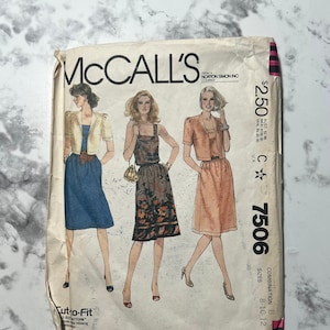 80s Misses Jacket and Dress Pattern, Square Neck Dress and Short Sleeve Jacket, McCall's 7506, Size B 8-10-12, 31.5"-32.5"-34" Bust, Uncut