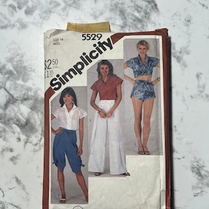 80s Overnight Success Misses Shirt, Front Wrap Pants, Knickers, and Shorts Pattern, Simplicity 5529, Size 14, 36&quot; Bust, 28&quot; Waist, Cut