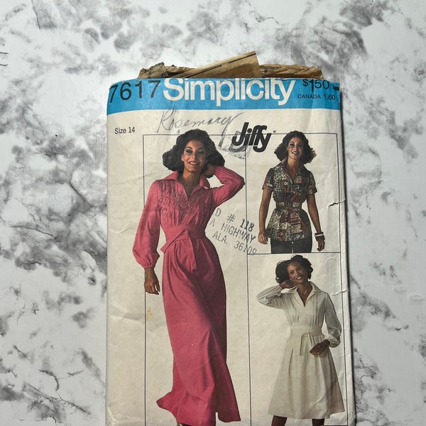 70s Misses Jiffy Dress in 2 Lengths or Top Pattern, Long or Short Sleeve Dress,Simplicity 7617, Size 14, 36" Bust, 28" Waist, 38" Hip, Cut