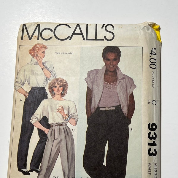 80s Misses Pants Pattern, Straight Leg or Tapered Loose Fitting Trousers Pattern, McCall's 9313, Size 8, 24" Waist, 33.5" Hip, Uncut