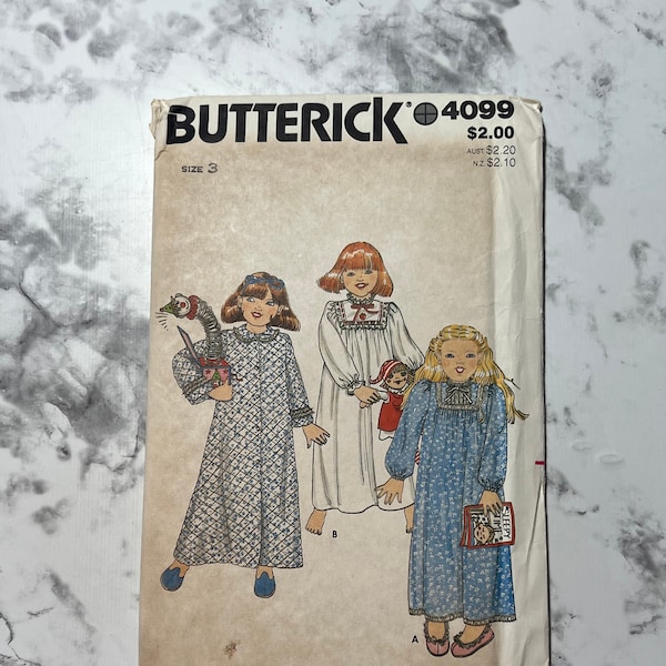 80s Toddler's Robe and Nightgown Pattern, Long Sleeve Button Front Nightgown Pattern, Butterick 4099, Size 3, 22" Breast, 20.5" Waist, Uncut