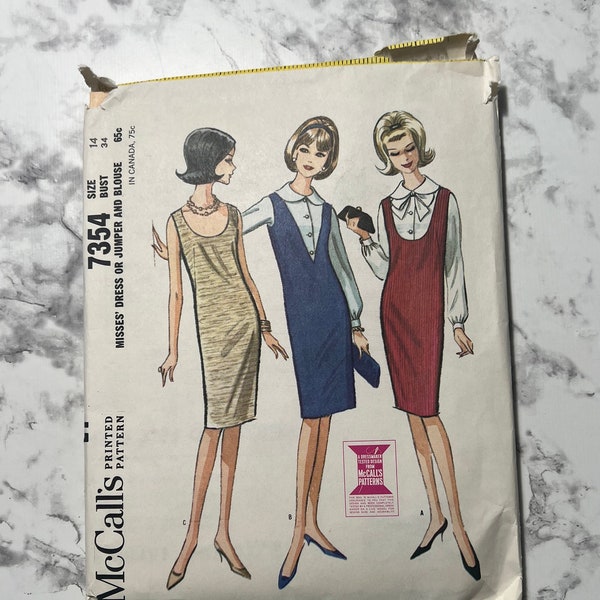 60s Misses Dress or Jumper and Blouse Pattern, V Neck Sleeveless Dress and Long Sleeve Shirt Pattern, McCall's 7354, Size 14, 34" Bust, Cut