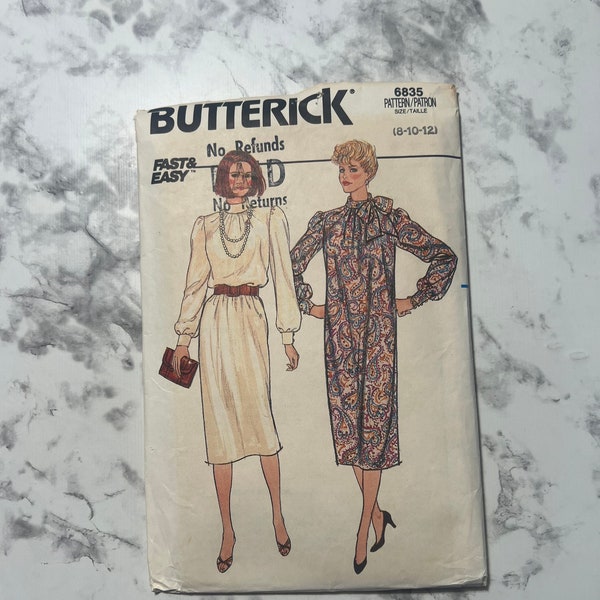 80s Fast and Easy Misses' Chemise Dress Pattern, Simple to Sew Loose Fitting Long Sleeve Dress Pattern, Butterick 6835, Size 8-10, Cut