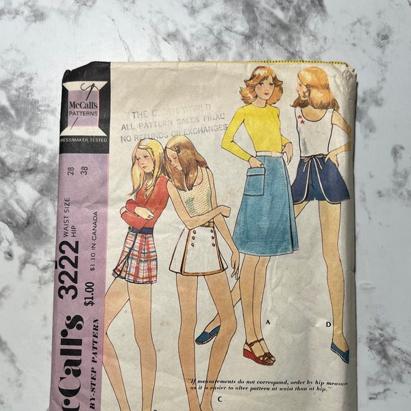 Ensemble de jupes-pantalons des années 70, modèle de jupes avant courtes pour femmes avec poches, McCall's 3222, taille 28", hanche 38", non coupé