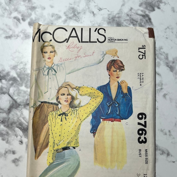 70s Misses Blouses Pattern, Long Sleeved Loose Fitting Button Down Shirt Pattern with Tie Neck, McCall's 6763, Size 12, 34" Bust, Uncut