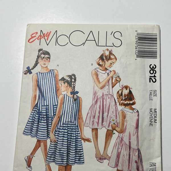 80s Girls Dress Pattern, Sleeveless Drop Waist Children's Dress Pattern, McCall's 3612, Sizes Medium (8-10) or Large (12-14), Cut