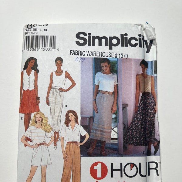 90s 1 Hour Bottoms, Pull on Circle Skirt in 2 Lengths, Slim Skirt, Pants, and Shorts Pattern, Simplicity 8863, Size BB L, XL, Uncut