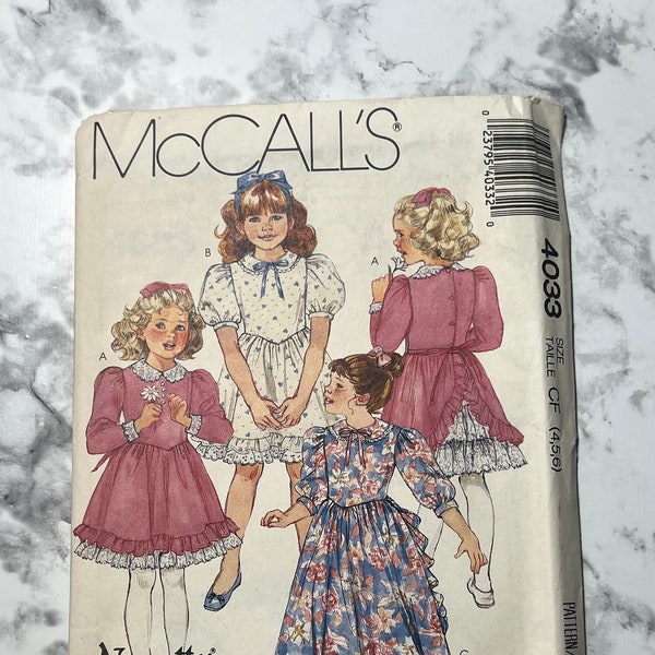 80s Nannette Children's Dress or Gown Pattern, Long or Three Quarters or Short Sleeve Formal Dress, McCall's 4033, Size CF (4-5-6), Uncut