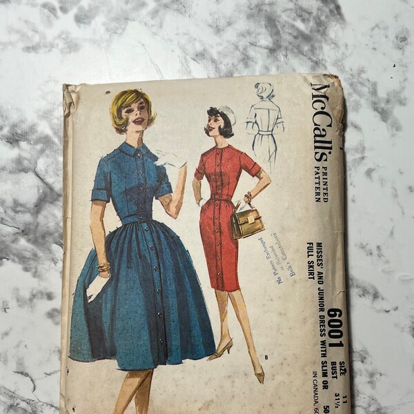 60s Misses and Junior Dress with Slim or Full Skirt Pattern, Short Sleeve Button Front Dress, McCall's 6001, Size 11 Junior, 31.5" Bust, Cut