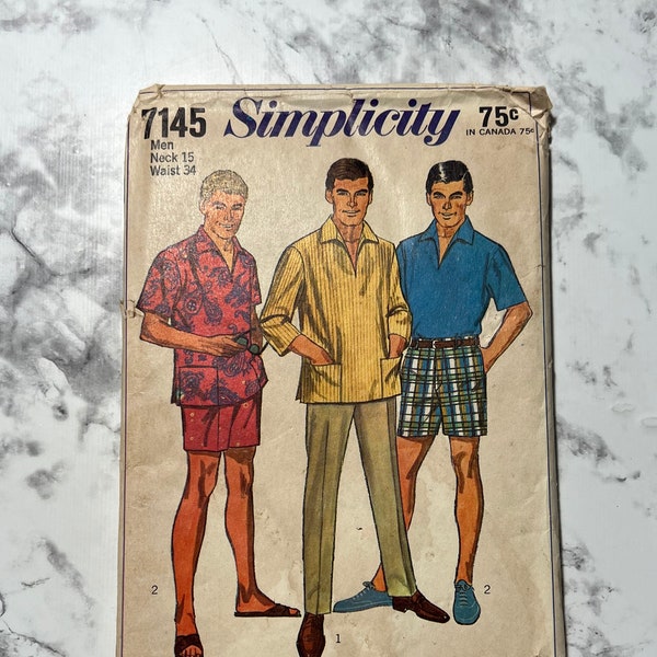 60s Men's Shirt and Pants in 2 Lengths Pattern, Collared Shirt and Shorts or Long Pants Pattern, Simplicity 7145, 15" Neck, 34" Waist, Uncut