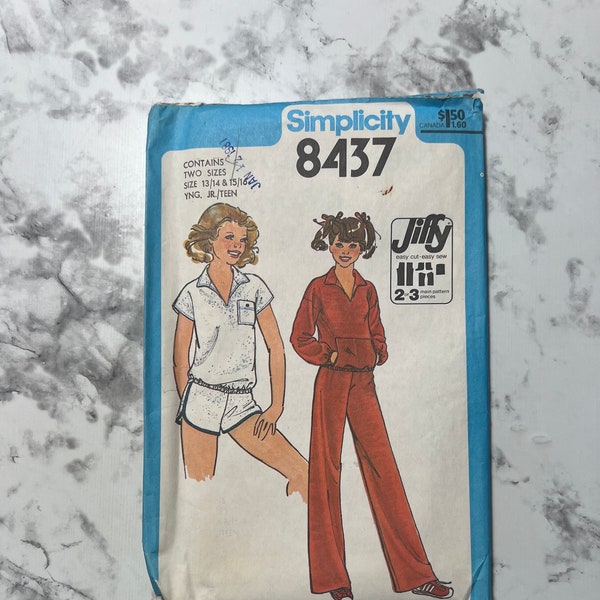 70s Young Junior/Teens' Jiffy Pants, and Shorts Pattern, MISSING PIECES for Top, Easy Pants or Shorts, Simplicity 8437, Size 13/14, Cut