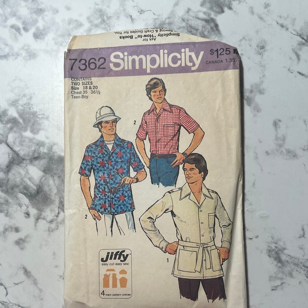 70's Teen-Boy's and Men's Jiffy Shirt Pattern, Long or Short Sleeve Button Up Shirt, Simplicity 7362, Size 18-20 Teen, 35"-36.5" Chest, Cut