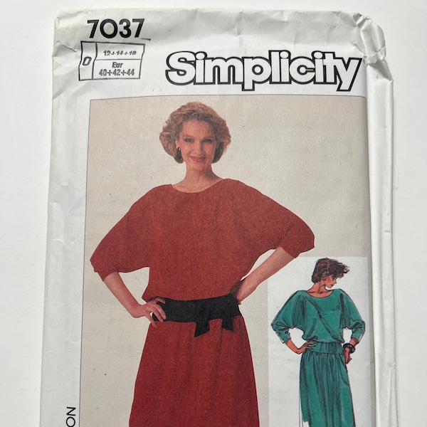 80s Misses Easy to Sew Blouson Dress Pattern, Loose Fitting Pullover Dress with Dropped Waist, Simplicity 7037, Size 0 (12-14-16), Uncut