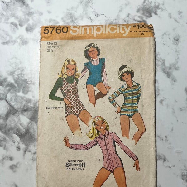 70s Child's and Girl's Set of Bodysuits Pattern, Sleeveless, Short Sleeve, or Long Sleeve Leotard Pattern, Simplicity 5760, Size 12, Uncut