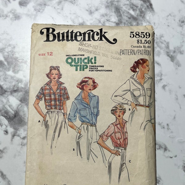 70s Misses Shirt Pattern, Short or Long Sleeve Collared Button Down Blouse Pattern, Butterick 5859, Size 12, 34" Bust, 26.5" Waist, Uncut