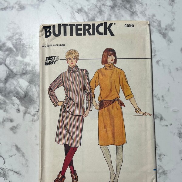80s Fast and Easy Misses' Dress, Tunic, and Skirt Pattern, Turtleneck Dress or Top and Skirt Pattern, Butterick 4595, Size 8-16, Uncut