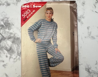 80s Misses Top and Pants Pattern, Sweatsuit Pattern, Sweatshirt and Pants, See & Sew by Butterick 5083, Size B 14-16-18 OR A 8-10-12, Uncut