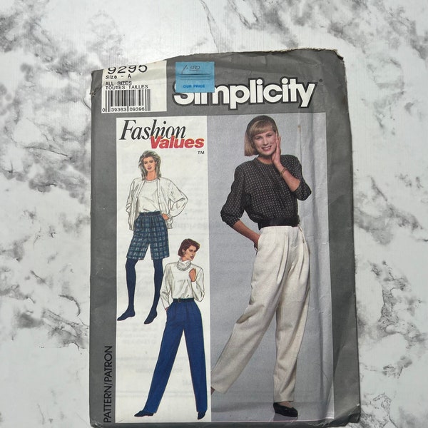 80s Fashion Values Misses' Shorts and Pants Pattern, Loose Fitting Women's Trousers, Simplicity 9295, Size A (8-18), 24"-32" Waist, Uncut