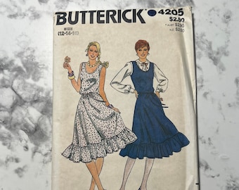 80s Fast and Easy Misses Dress or Jumper and Belt Pattern, Sleeveless Dress Pattern with Ruffled Hem, Butterick 4205, Size 12-14-16, Uncut