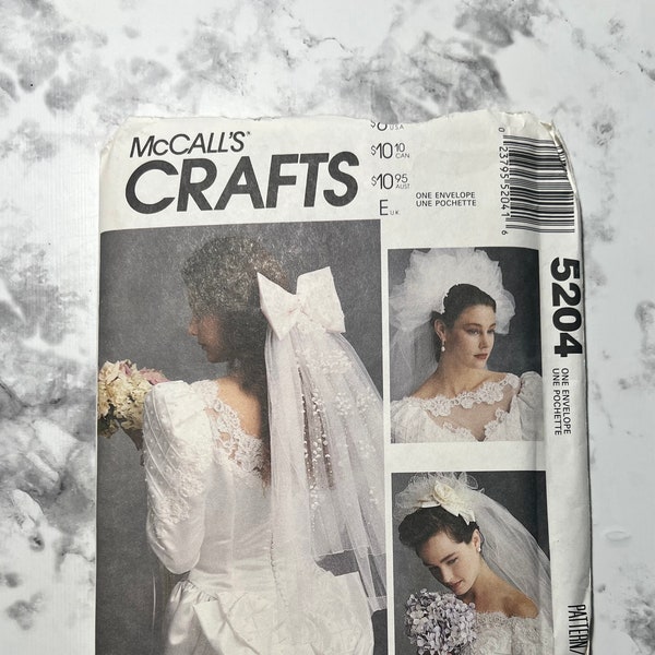 90s Alicyn Exclusives Bridal Veils Package, Wedding Headdress with Bow and Tulle Veil Pattern, Half Veil, McCall's 5204, One Size, Uncut