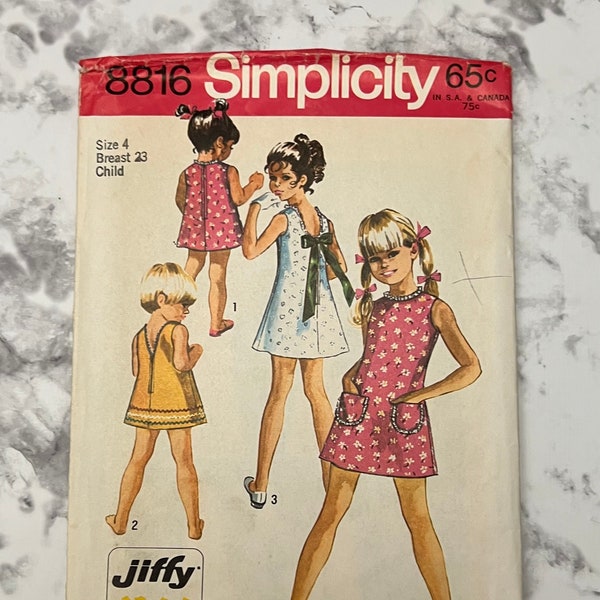 70s Simple to Sew Child's and Girl's Jiffy Dress Pattern with 3 Backs, Sleeveless Dress with Patch Pockets, Simplicity 8816, Size 4, Cut