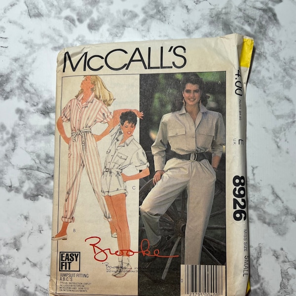 80s Misses Jumpsuit and Belt Pattern, Brooke Shields Pattern, Collared Button Down Romper Pattern, McCall's 8926, Size 10, 32.5" Bust, Uncut