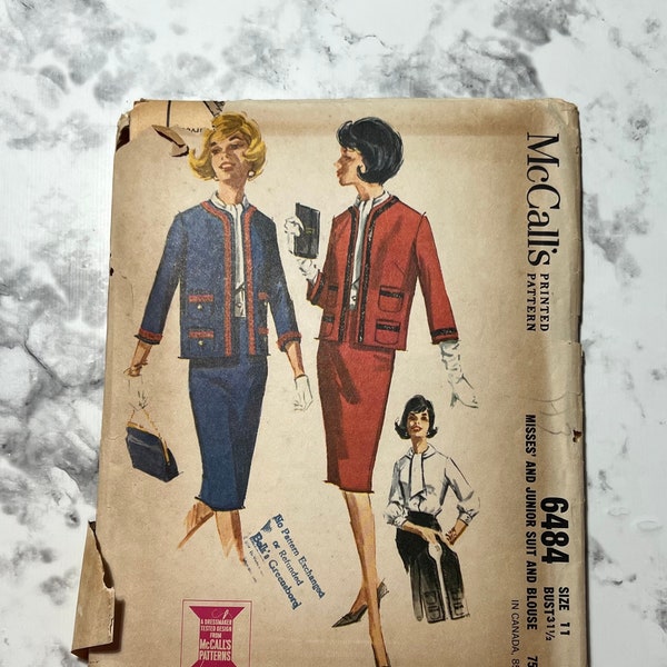 60s Misses and Junior Suit and Blouse Pattern, MISSING WAISTBAND PIECE, Open Front Blazer and Top,  McCall's 6484, Size 11, 31.5" Bust, Cut