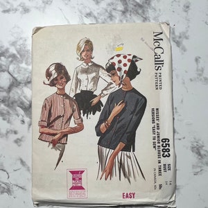 60s Easy to Sew Misses&#39; and Junior&#39;s Blouse Pattern in 3 Versions, Simple Collared Button Down Shirt, McCall&#39;s 6583, Size 14 34&quot; Bust, Uncut