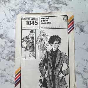May include: A vintage sewing pattern for a shawl collar jacket. The pattern is for sizes 30-32-34-36-38-40-42. The pattern is called "Stretch & Sew" and the number is 1045. The pattern is designed exclusively for knit fabrics by Ann Person.