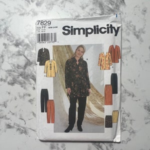 May include: Simplicity sewing pattern number 7829 for sizes 18W-24W. The pattern includes instructions for making a long-sleeved blouse, a jacket, and a skirt. The pattern is illustrated with a woman wearing the blouse and pants, and a separate illustration of the jacket and skirt.