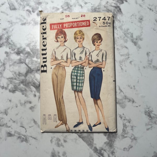 60s Misses' Proportioned Sportswear Pattern, Proportioned Pants and Bermuda Shorts Pattern, Butterick 2747, 28" Waist, 38" Hip, Uncut