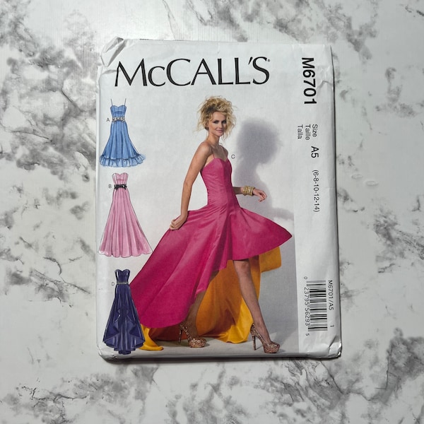 Misses' Dresses Pattern, Sleeveless or Strapless Gown w/ High Low Hem Pattern, Flared Dress, McCall's M6701, Size A5 6-14 OR E5 14-22, Uncut