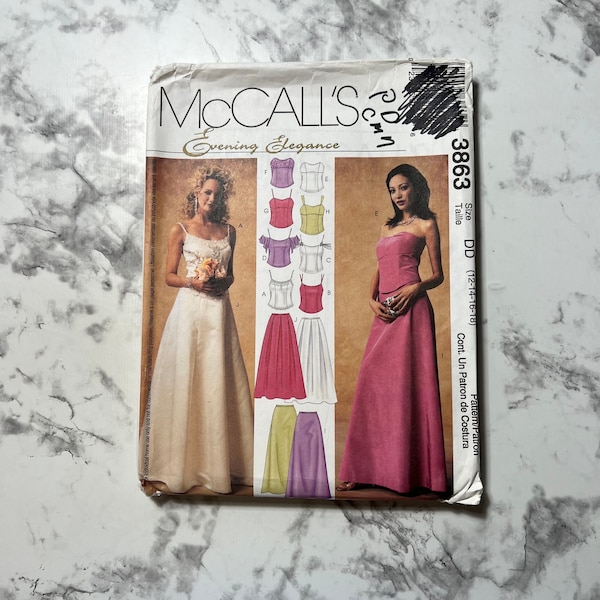 Early 2000s Evening Elegance Misses' Lined Tops and Skirts Pattern, Two Piece Dress Pattern, McCall's 3863, Size DD 12-14-16-18, Uncut