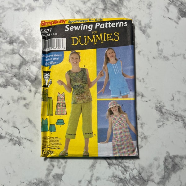 Early 2000s Sewing Patterns for Dummies Girls' Pullover Dress or Top, Capri Pants, Shorts and Hat, Simplicity 5577, Size AA 7-8-10, Uncut