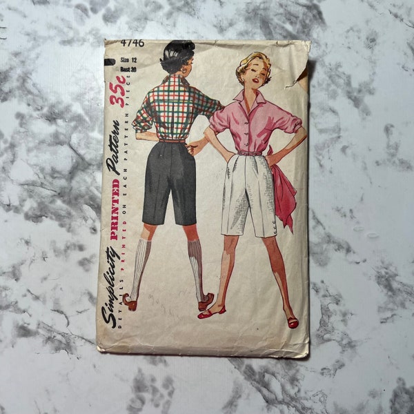 50s Junior Misses' and Misses' Blouse and Shorts Pattern, MISSING SLEEVE BAND, Collared Button Up, Simplicity 4746, Size 12, 30" Bust, Cut