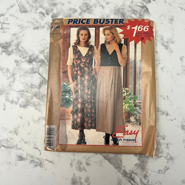 90s Easy Misses' Jumper and Top Pattern, Sleeveless V Neck Dress and Shirt, Stitch 'N Save by McCall's P300, Size GG 18-20-22-24, Uncut