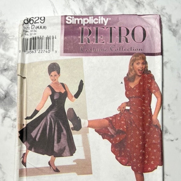 Retro Costume Collection, Misses Swing Dress Pattern, 50s Style Dress with Flared Skirt, Simplicity 8629, Size D (4-6-8), Uncut