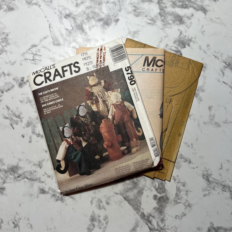 90s Cat Doll and Clothes Pattern, Kitschy Decorative Stuffed Cat Doll