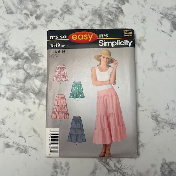 Early 2000s Easy Misses' Skirt Pattern in 2 Lengths, Midi or Knee Length Tiered Ruffle Skirt Pattern, Simplicity 4549, Size A 6-16, Uncut