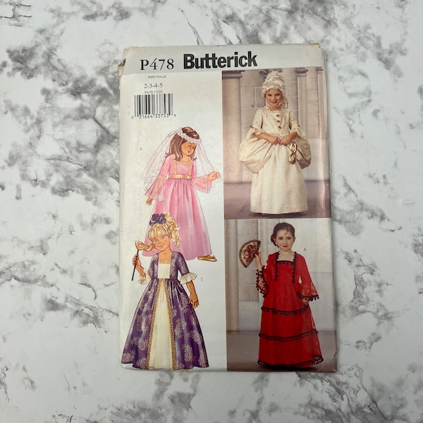 Early 2000s Children's/Girls' Costume Pattern, Little Girls' Halloween Costumes, Princess Dress Costume, Butterick P478, Size 2-3-4-5, Uncut