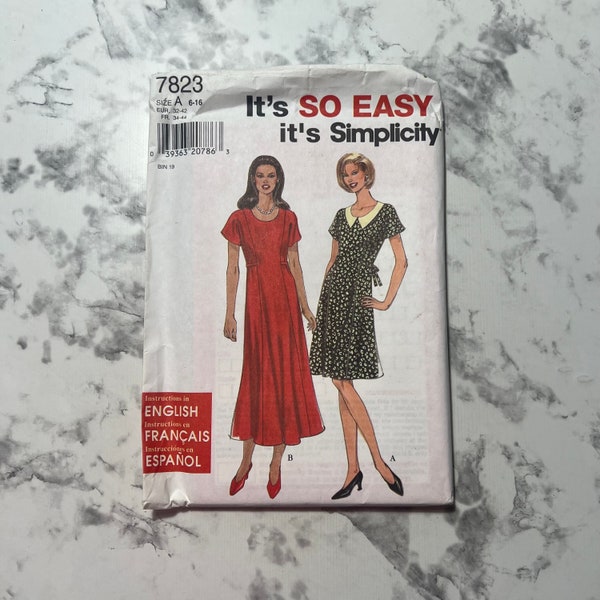 90s Easy Misses'/Miss Petite Dress Pattern, Short Sleeve Midi or Knee Length Collared Dress Pattern, Simplicity 7823, Size A S-XXL, Uncut
